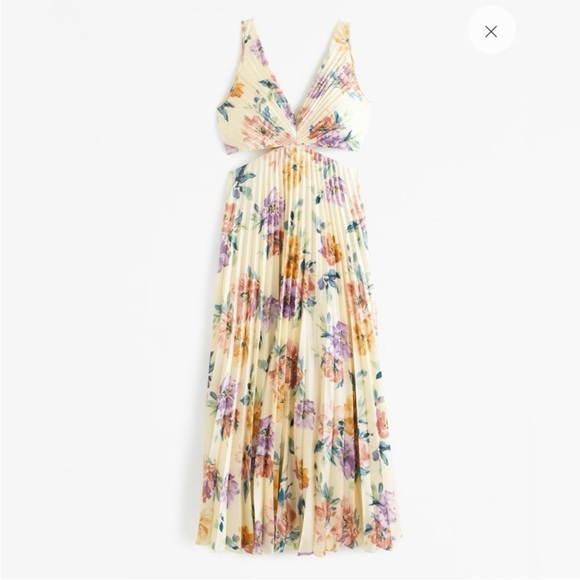 Abercrombie Fitch A&F Satin Giselle Pleated Cutout Maxi Midi Dress cream floral - Picture 6 of 13